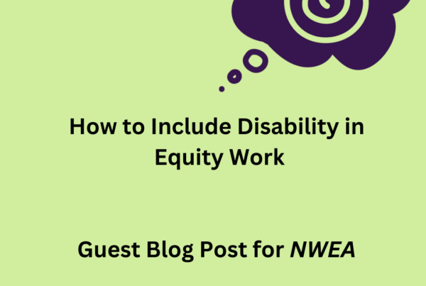 A bright green square with a purple thought cloud icon. The text is in black and says "How to Include Disability In Equity Work". Guest blog Post for NWEA
