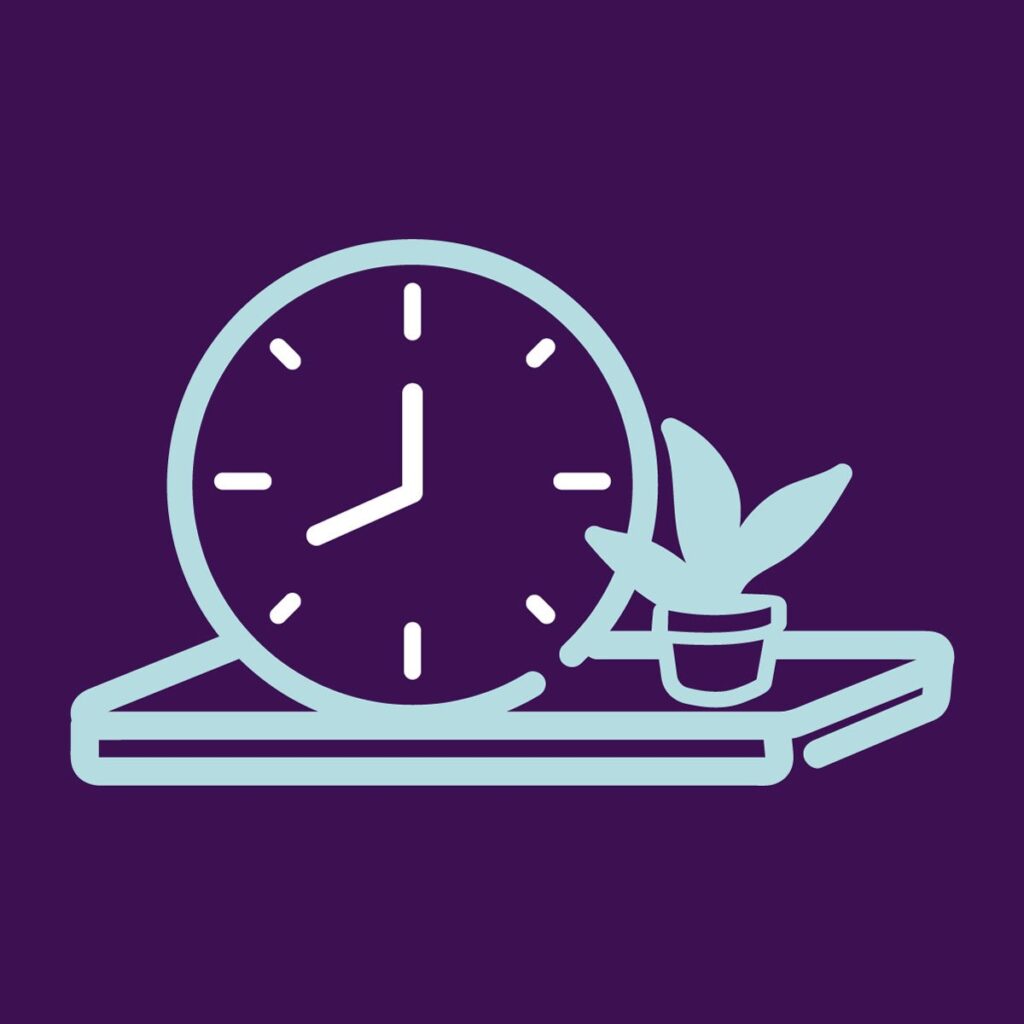 A blue line drawing of a clock and a plant on a shelf.