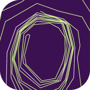 a purple square drop with green squiggled spiral within it