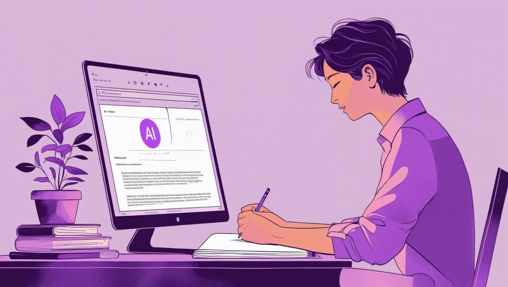 An AI generated illustration of a woman sitting at a desk with a computer. It has AI on the screen. The entire image is in graphic novel style and is in a range of purple hues.