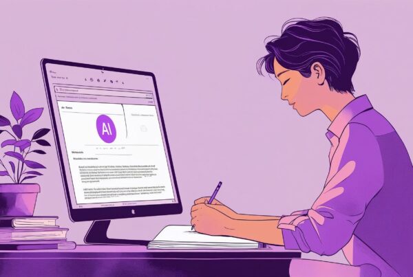 An AI generated illustration of a woman sitting at a desk with a computer. It has AI on the screen. The entire image is in graphic novel style and is in a range of purple hues.