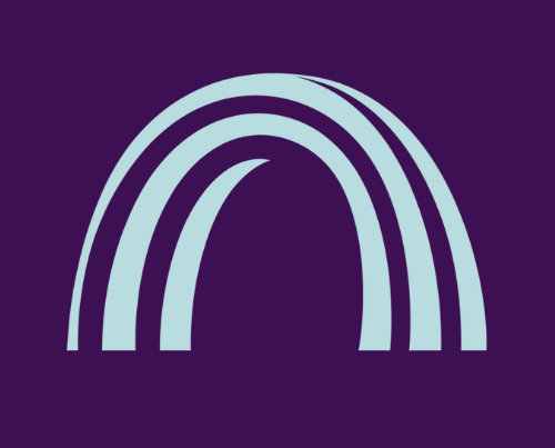 A minimalist design featuring a stylized light blue arc with three curved bands forming a rainbow shape against a dark purple background. The simple geometric design conveys unity and connection.