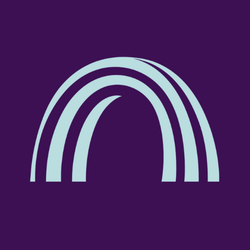 A minimalist design featuring a stylized light blue arc with three curved bands forming a rainbow shape against a dark purple background. The simple geometric design conveys unity and connection.