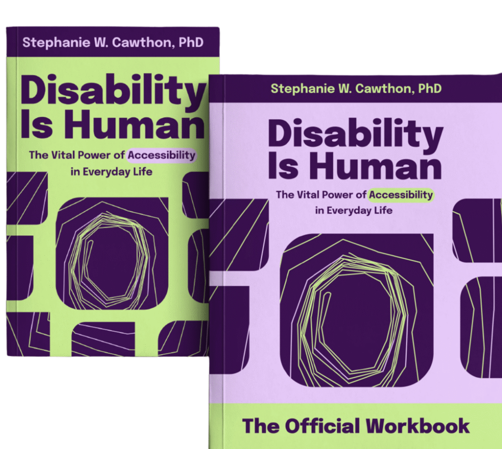 Two book covers side by side - Disability Is Human book on left, and The Official Workbook on right.