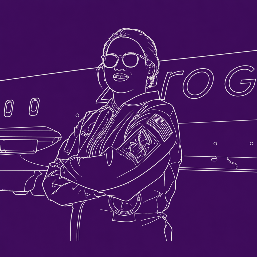 Minimalist line-art illustration of Sheila Xu standing confidently with her arms crossed in front of an aircraft. The image uses thin white outlines against a deep purple background. Sheila wears sunglasses and a flight suit with aviation and space-themed patches on the sleeves and torso. Behind her, part of the aircraft and large partial lettering reading “ro G” are visible, referencing a zero-gravity flight. The overall style is clean, modern, and monochromatic with a futuristic feel.